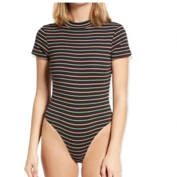 BP Nordstrom Dani Black Multi Stripe Mock Neck Knit Bodysuit Sz XL - Picture 2 of 7
